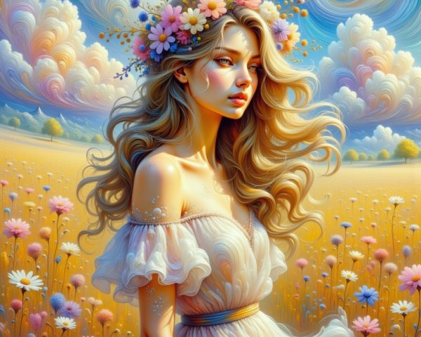 Surreal Landscape with Woman in Floral Crown