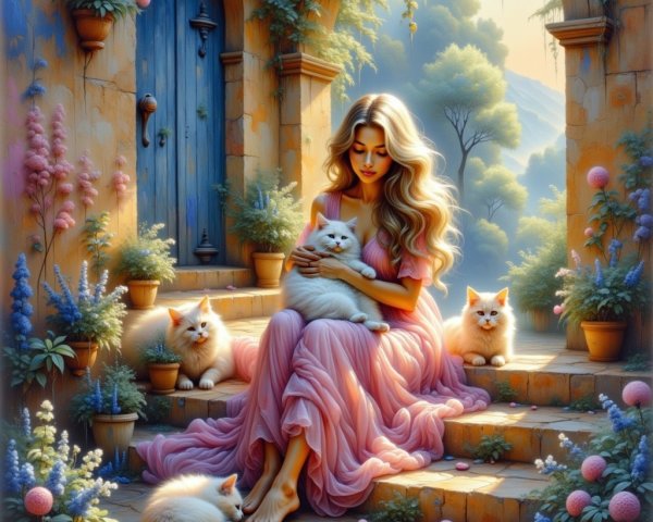 Young Woman with Cats in Serene Garden Setting