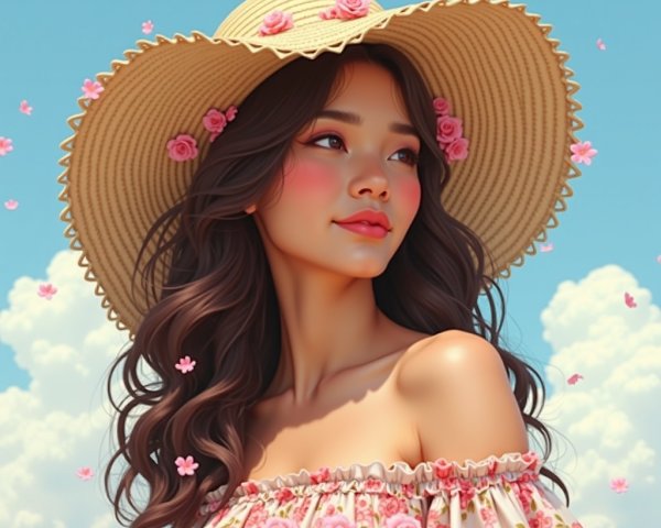 Young Woman in Floral Top Under Blue Sky with Roses