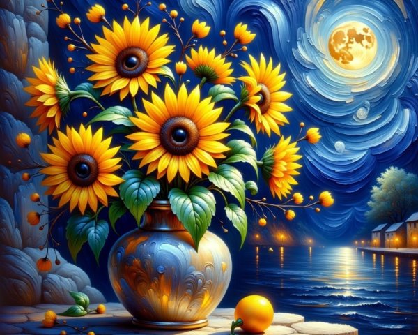 Sunflowers in a Vase Under a Moonlit Sky