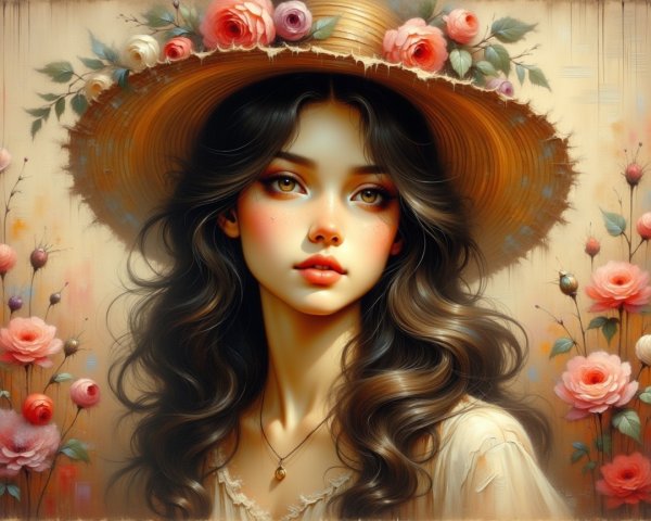 Young woman with straw hat and blooming roses