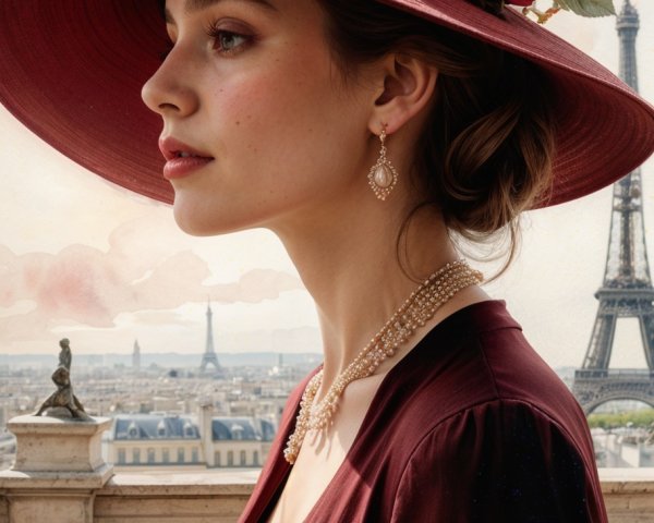 Profile of a Woman in Maroon Hat with Eiffel Tower Background