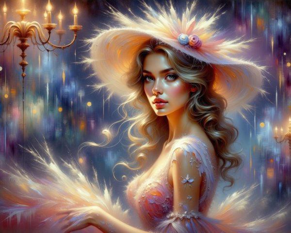 Elegant Woman in Shimmering Dress with Intricate Hat