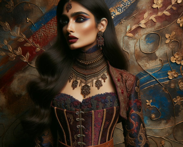 Model in Elaborate Attire with Intricate Embroidery