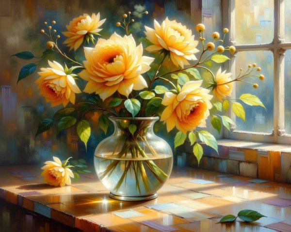 Golden-yellow roses in a glass vase on a wooden table