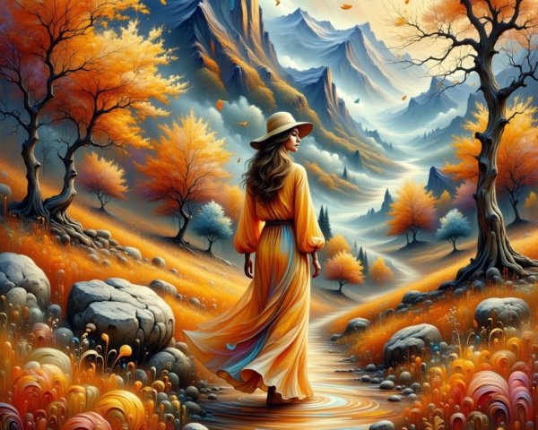 Autumn Landscape with Woman by Winding Stream