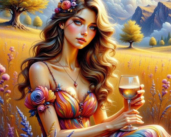 Dreamlike Landscape with Young Woman in Floral Dress