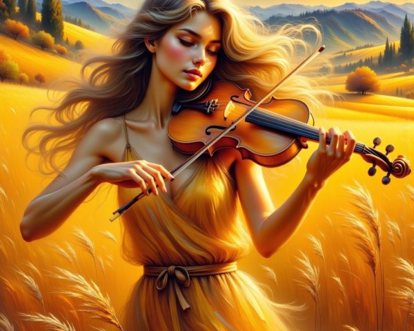 Young Woman Playing Violin in Golden Field at Sunset