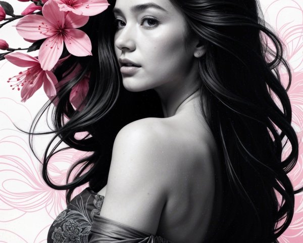 Profile of a Young Woman Surrounded by Pink Flowers