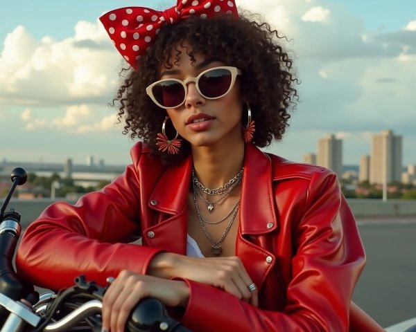 Confident Young Woman in Red Jacket by Motorcycle