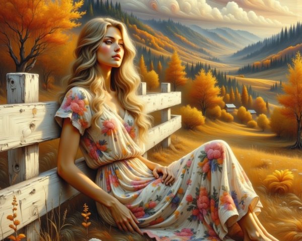 Serene Autumn Landscape with Woman by Wooden Fence