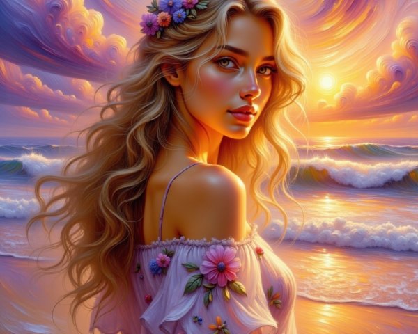 Young woman at beach during sunset with flowers in hair