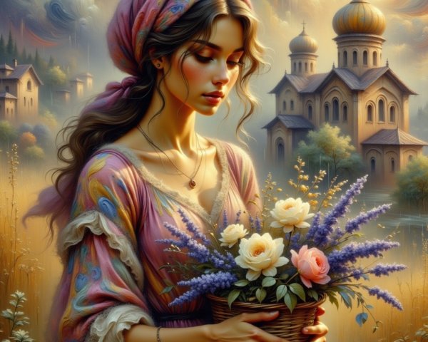Young woman in colorful dress with flowers in landscape