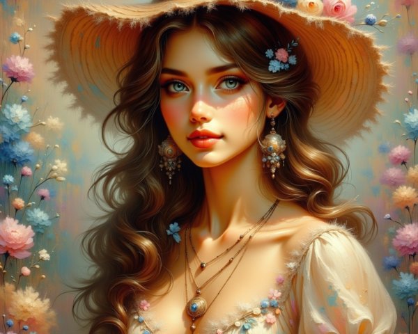 Young woman in floral hat and off-shoulder dress