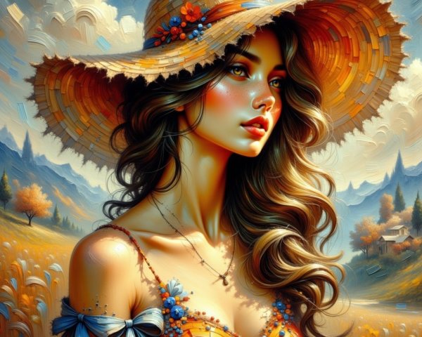 Young woman in vibrant dress with straw hat in nature