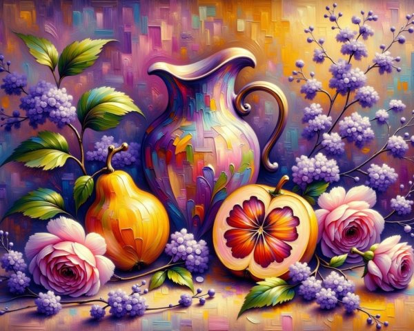 Vibrant Still Life with Ceramic Jug, Flowers, and Fruits