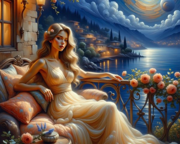Elegant Woman on Flower-Adorned Balcony at Night