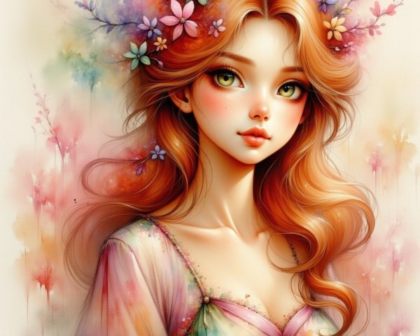 Portrait of a Young Woman with Red Hair and Flowers