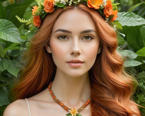 Young Woman with Red Hair in Floral Crown and Jewelry