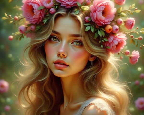 Young Woman with Floral Crown in Serene Garden