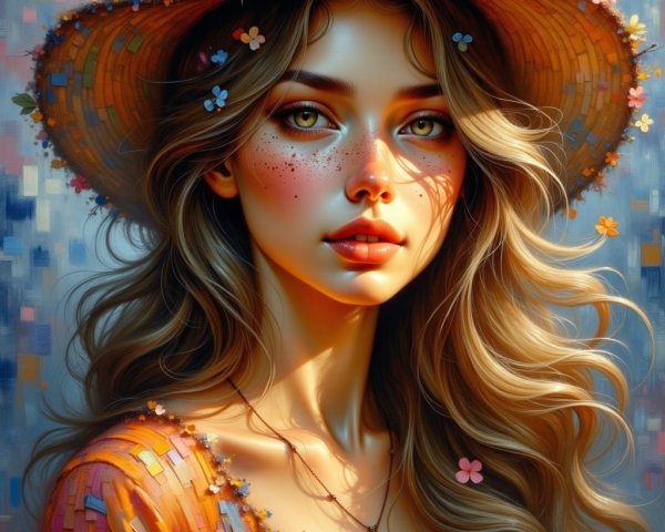 Portrait of a young woman with flowers and a hat