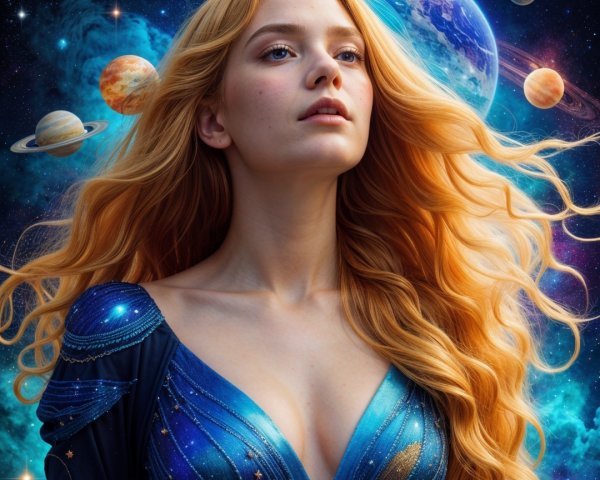 Young Woman in Celestial Dress Against Cosmic Background