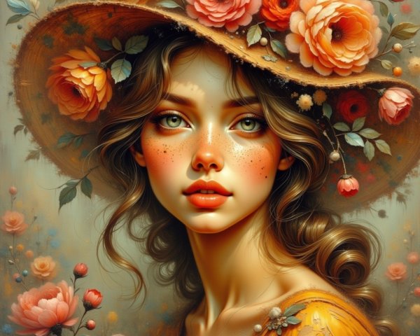 Portrait of a Woman in a Straw Hat with Flowers
