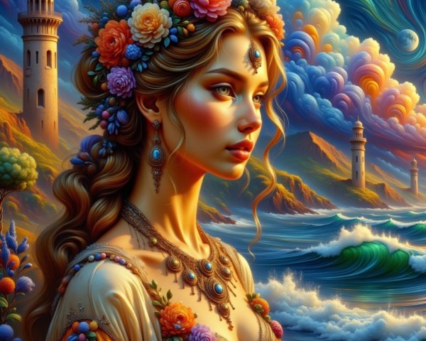 Serene Woman with Flowers Overlooking Seascape
