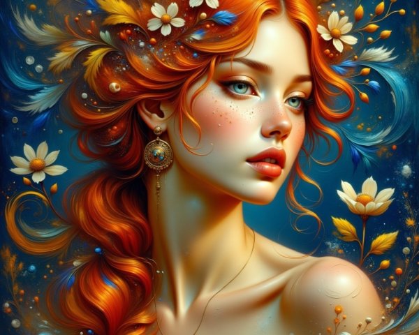 Portrait of a Young Woman with Red Hair and Flowers