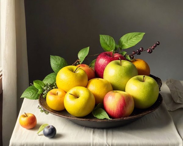 Rustic Bowl with Colorful Assortment of Apples and Grapes