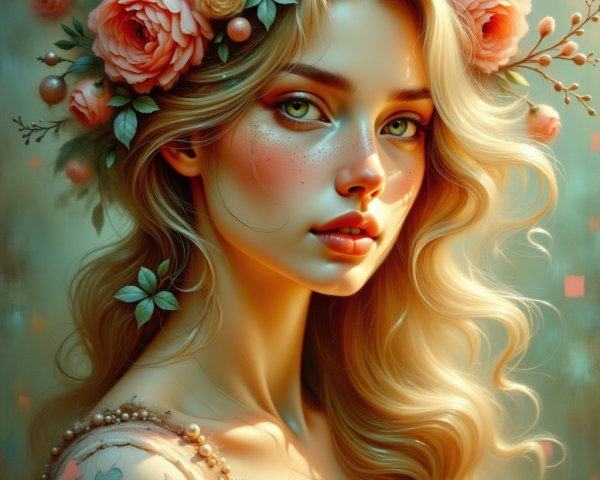 Young woman with floral hair and elegant dress