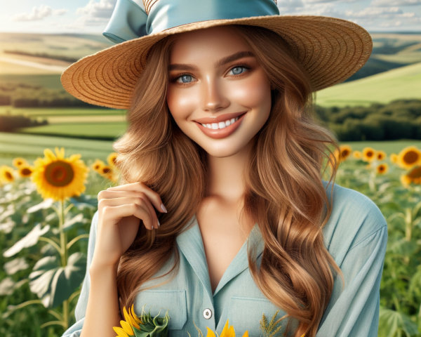 Young woman in sunflower field with vibrant bouquet