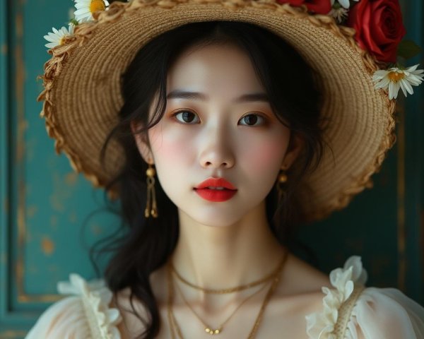 Young woman in straw hat with floral embellishments