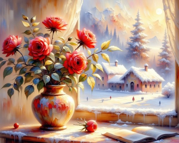 Cozy Winter Scene with Red Roses and Snowy Landscape