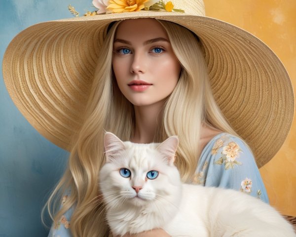 Serene Portrait of Young Woman with Cat and Hat