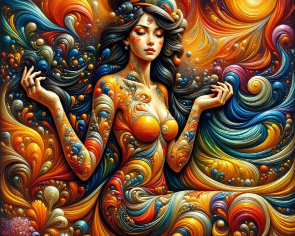 Abstract Woman Surrounded by Vibrant Color Swirls