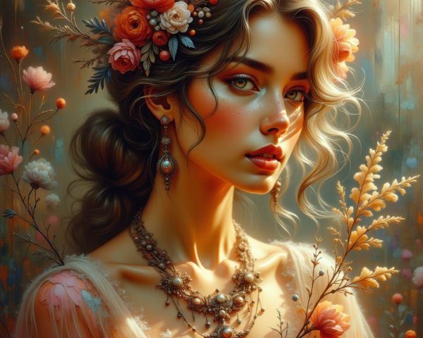Portrait of a woman with floral crown and jewelry