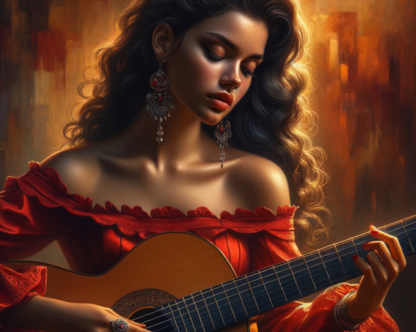 Young woman with curly hair plays classical guitar