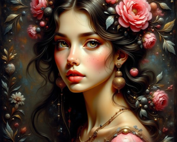 Portrait of a Young Woman with Floral Crown and Roses