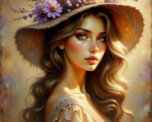 Young woman in straw hat with warm, glowing backdrop