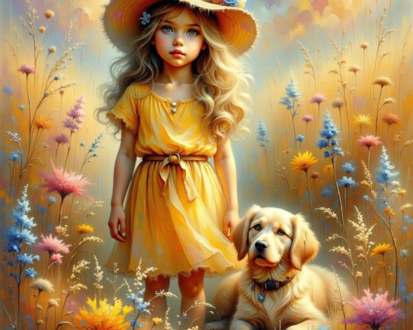 Young girl in yellow dress in flower-filled field