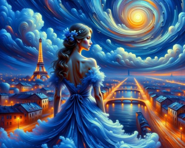 Figure in Blue Gown Overlooking Paris Night Sky