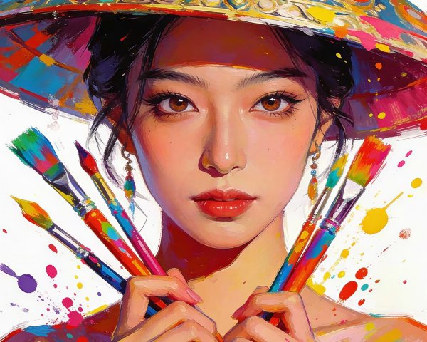 Portrait of a woman with olive skin and colorful hat