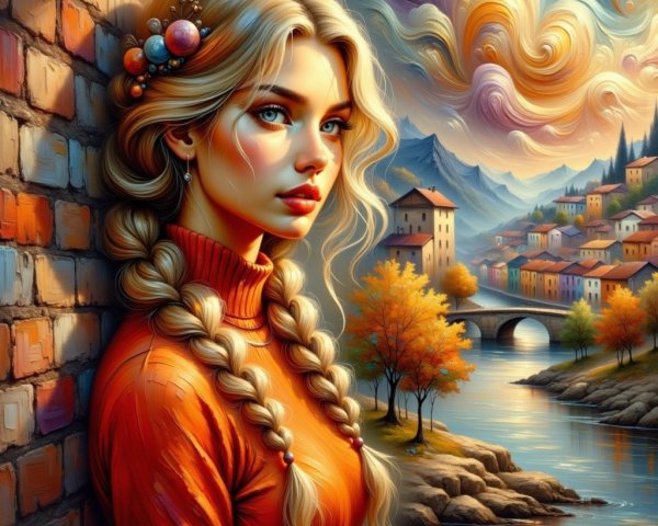 Young Woman in Scenic Autumn Landscape with River