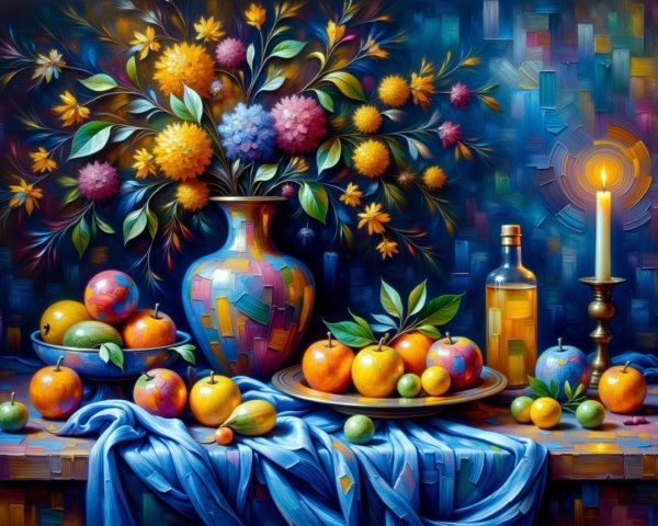 Vibrant Still Life with Flowers, Fruits, and Candle