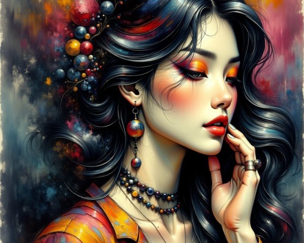 Cosmic-Themed Portrait of a Young Woman with Jewelry