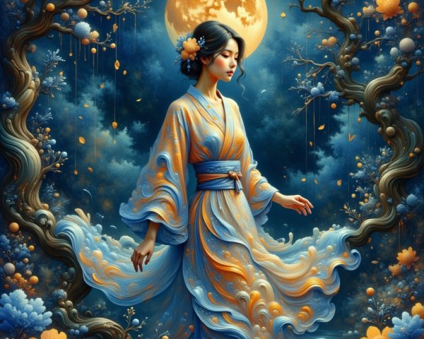 Moonlit Scene of a Woman in a Kimono in Nature