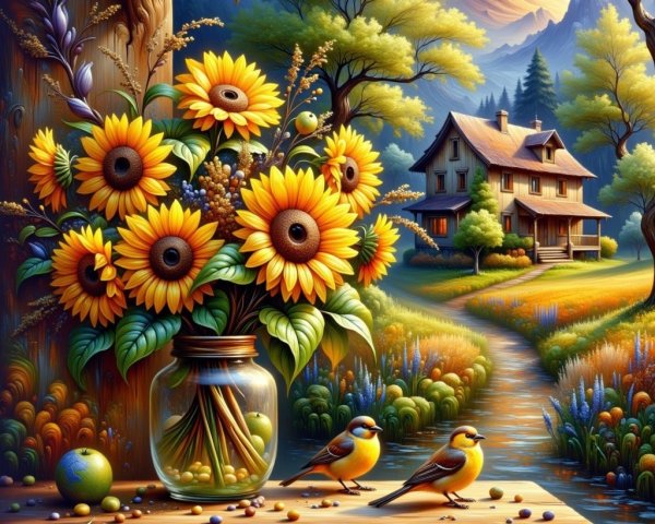 Sunflowers in a Jar on a Wooden Table with Landscape