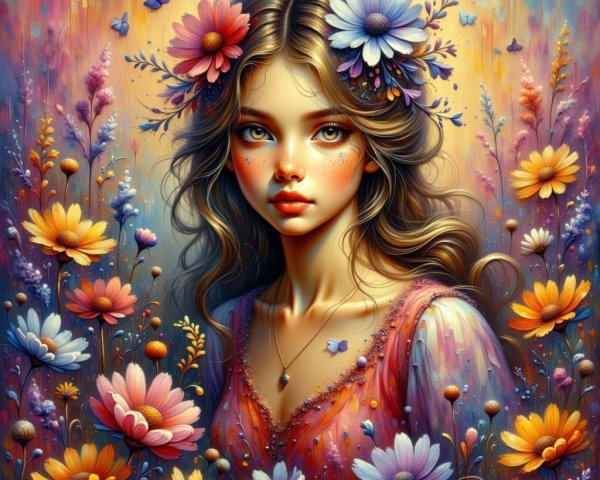 Young girl with flowers in a whimsical setting