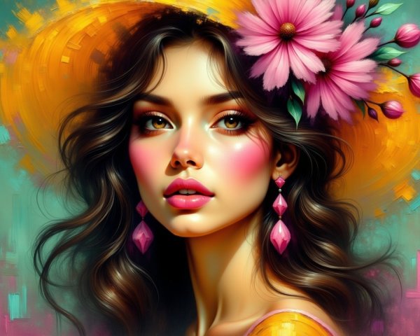 Young woman with dark hair, flowers, and a hat